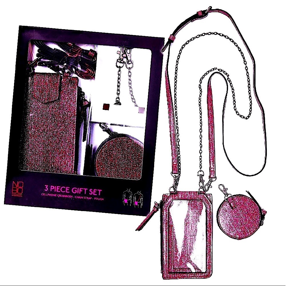 NEW Womens Cellphone Crossbody Purse Pink Metallic 3Pc GiftSet Bag + Accessories